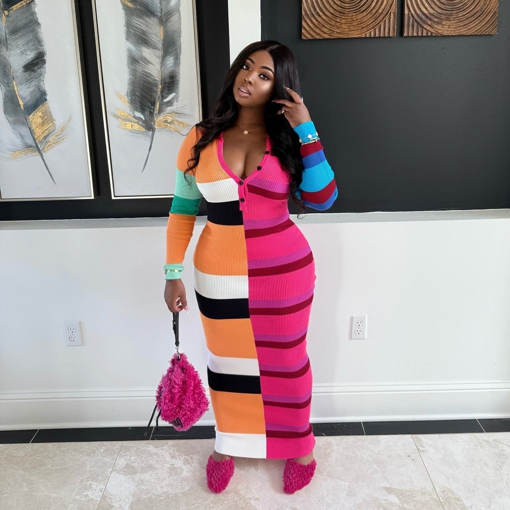 Fashion Nova Peri Colorful Button Up Striped Knit Long Sleeve Maxi Dress Sz 1XL - Picture 16 of 17